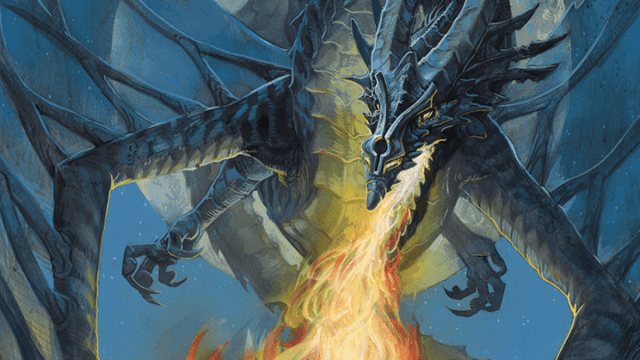 A blue dragon breathes fire downwards in MtG.