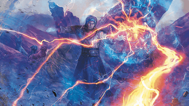 A blue, cloaked man holds up a blue forcefield as red energy crackles against it in MtG.