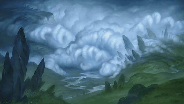 In MtG, a wall of fog descends upon a valley, hills in the foreground.