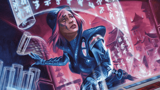 A woman with purple and black hair and futuristic robes looks through magically floating runes in the shape of scrolls in MtG.