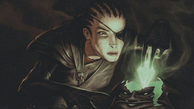 A woman with an eyepatch sits above a glowing magical artifact in a dank dungeon in MtG.