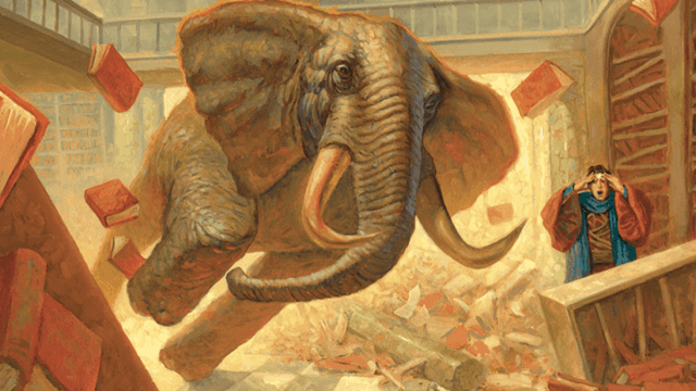 A fully-grown elephant rampages through a bookstore while a proprietor watches in despair on this MtG card.