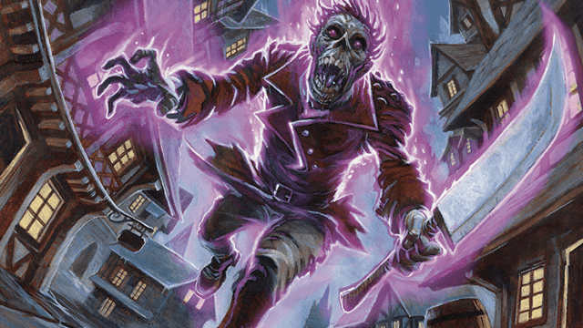 A skeletal man wearing an officer's coat and holding a saber, covered in purple energy, charges towards the viewer on a small-town street in MtG.