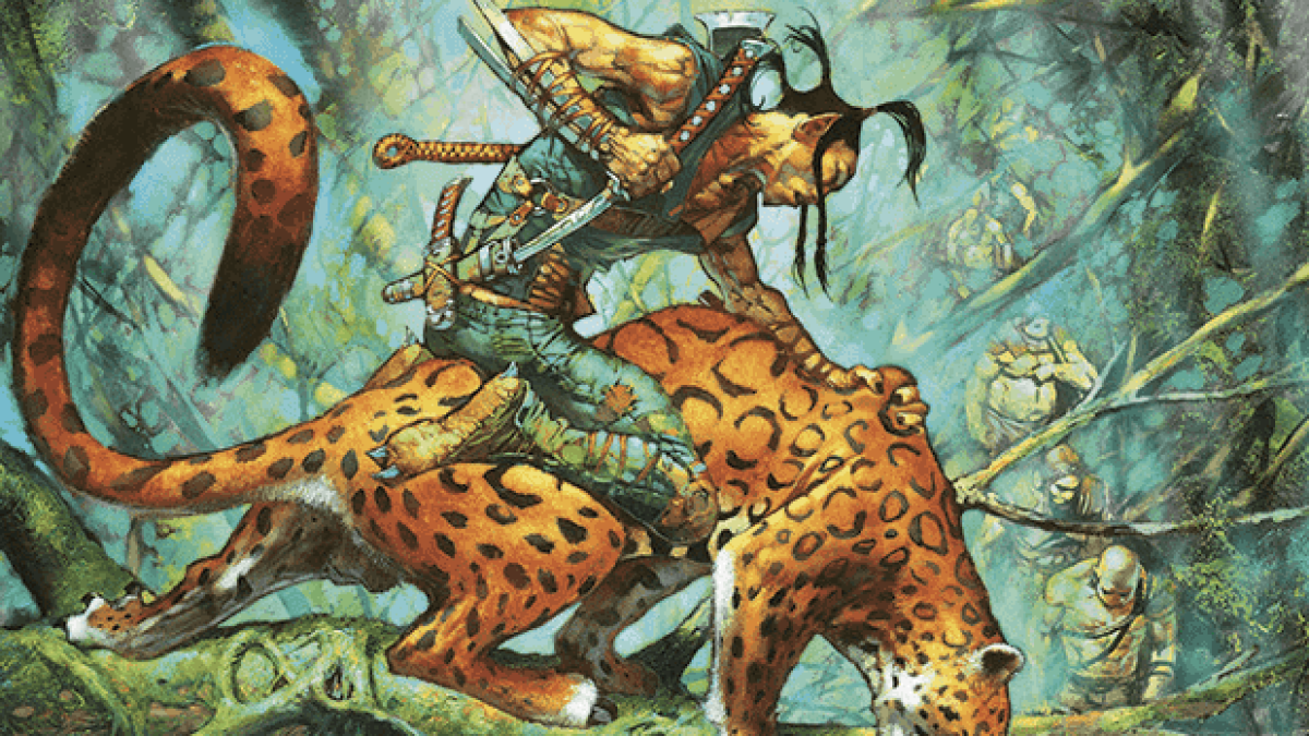 A yellow-skinned man sits on top of a cheetah in MTG. Both look at the ground as images of humanoids blossom around them.