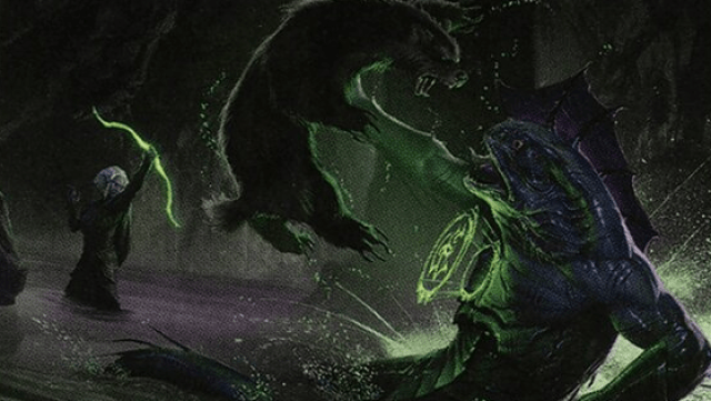 A lizard monster holds a bear mid-air as a green rune is drawn on its heart. A white-haired hunter sits in the back, green bow in hand, in MtG.