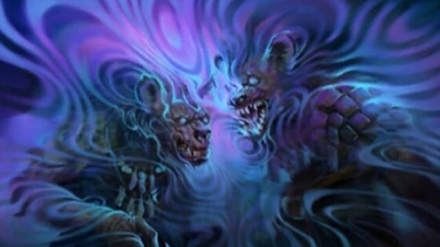 Two hyena people are corrupted by an oscillating purple pattern in MtG. They each have a large smile and the screen is warped around the waves.
