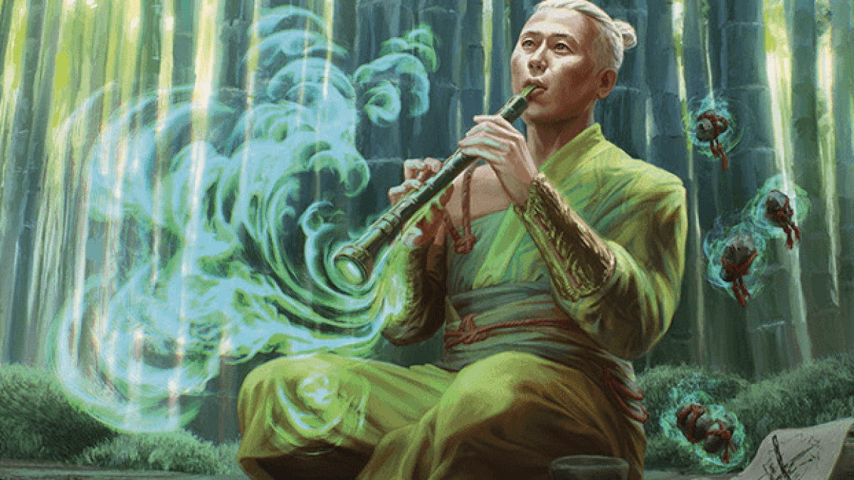 A monk smokes a pipe, summoning spore-like creatures to his side on a card of MtG