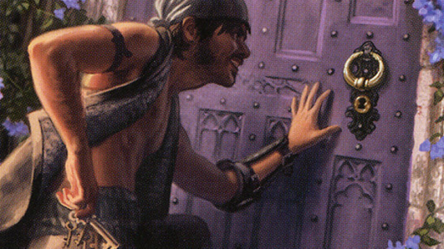 A man wearing a bandana and a vest holds a key as he approaches a door in MtG.