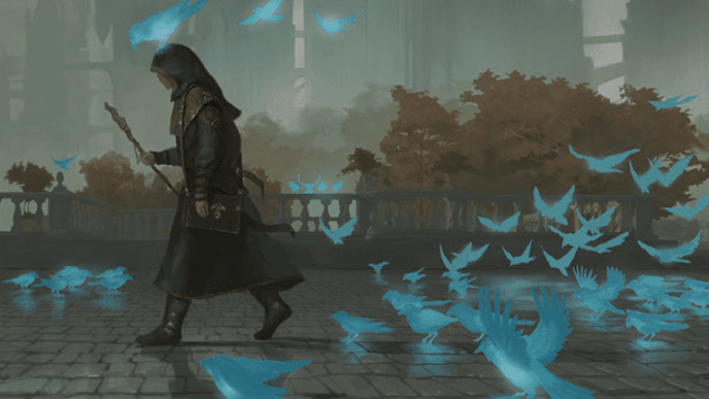 A cloaked man walks in front of a crowd of blue, ghostly birds on a MtG card.