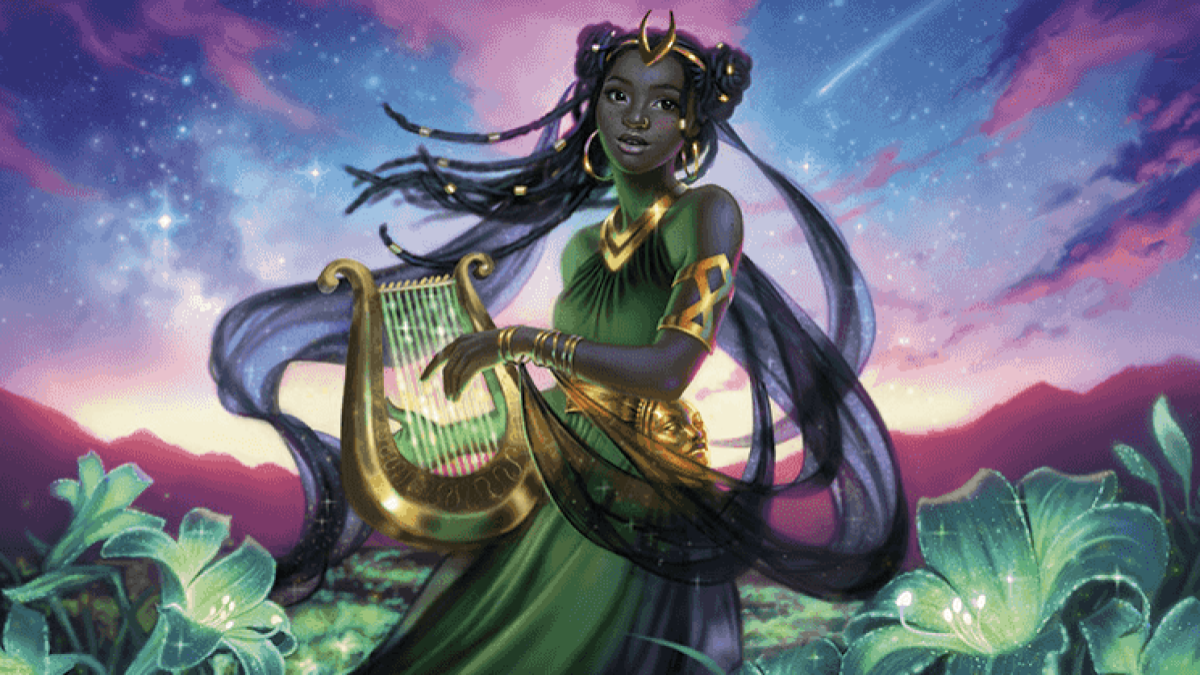 A woman wearing a green dress with long, dark hair and holding a lyre looks towards the viewer while standing in a field of green flowers in MtG.