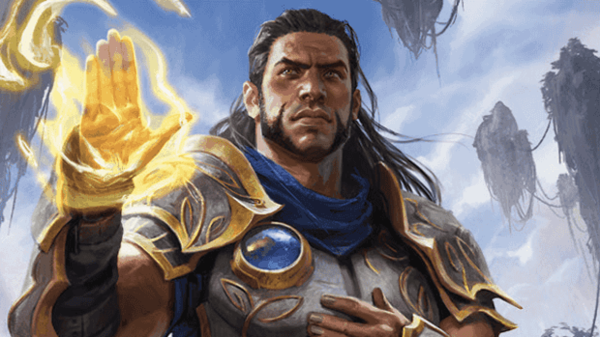 A dark-skinned man with long hair, a close shave, and full metal armor raises his right hand, which glows with energy, on the sky islands of MtG.