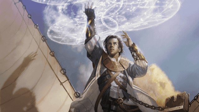 A young wizard in leather armor holds up a ward to the sky as he stands on a ship in MtG.