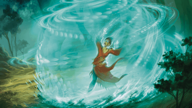 A man in a red robe surrounds himself in a blue sphere within a forested clearing in MtG.