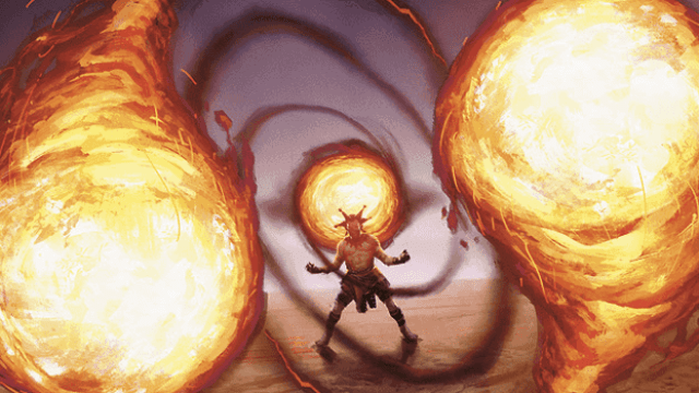 A demon sits in the middle of two fireballs, a third fireball being sent towards the viewer, in MtG.