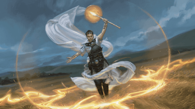 A person in leather armors holds up a yellow glowing staff that holds a trail of wind. They are surrounded by a bubble of holy energy as the ground ripples with golden energy in MtG.