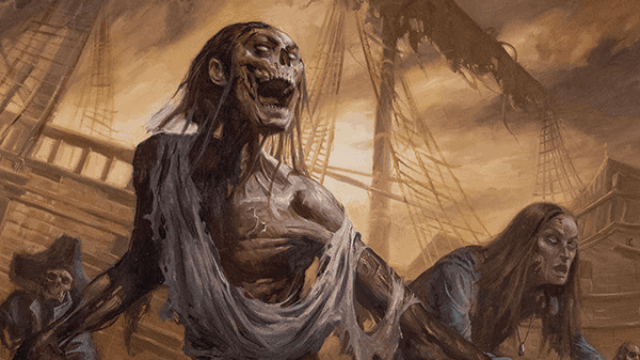 A series of corpses rise from the water in front of a shipwreck, clothes hanging off their shriveled bodies in MtG.