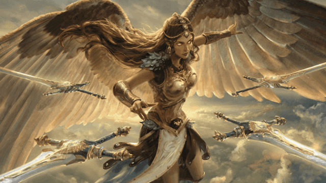 An Angel flies above the battlefield, four swords surrounding her as her wings are fully extended in MTG.