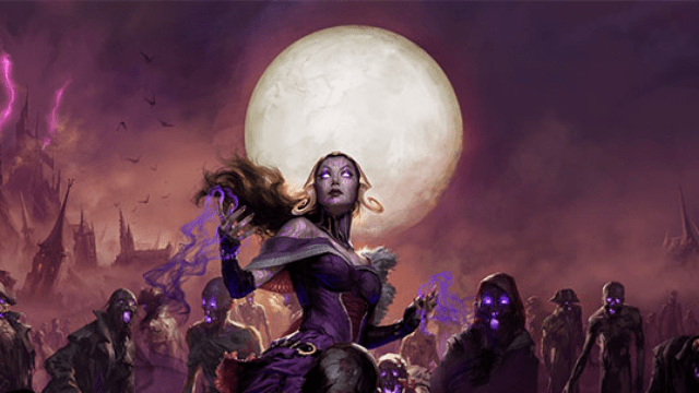 A female mage with pale skin and purple eyes stands under the full moon, zombie drones walking around her, in MtG.