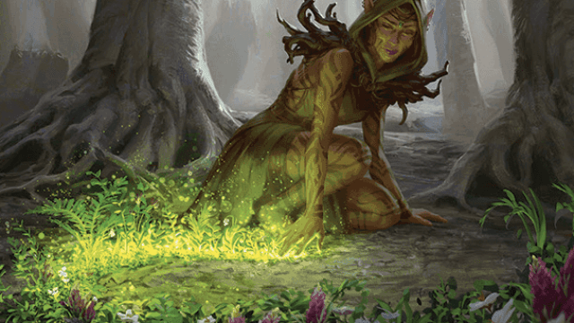 A wooden-skinned woman draws a green trail on the ground in MtG. The trail blossoms into flowers over time.