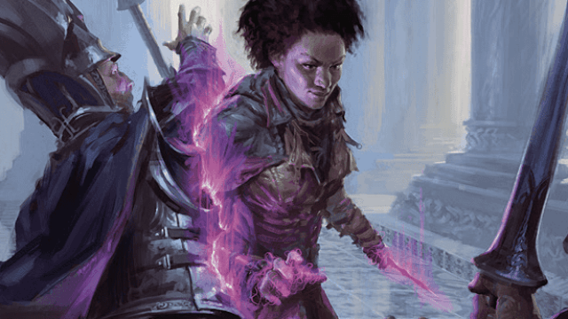 A dark-skinned woman with purple hands moves right through a guard trying to get her, moving towards the viewer in MtG.
