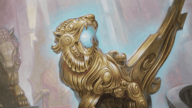 A golden mechanical lion powers up a blue laser in its mouth as it turns to the right. It is standing on the ruins of a MtG city.