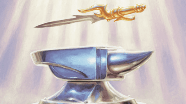 A sword rises above a steel anvil surrounded in golden light in MtG.