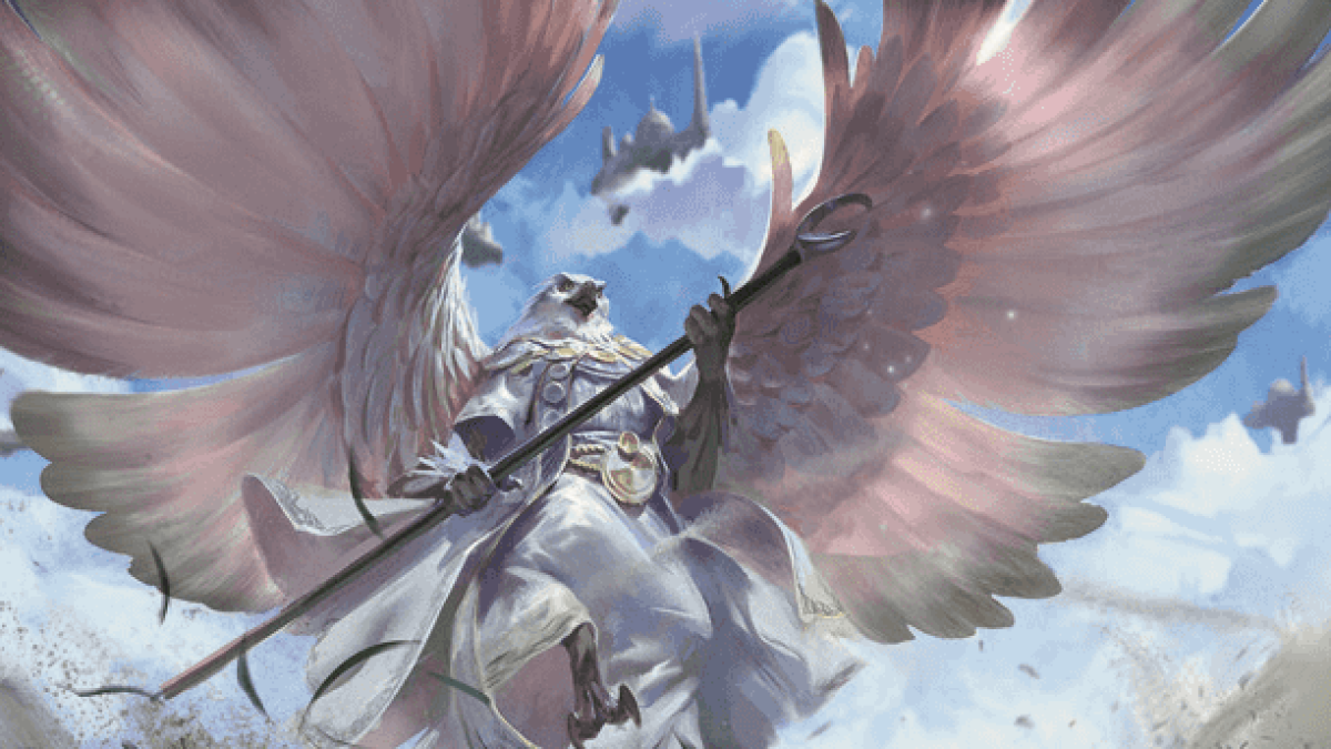A bird humanoid with a gigantic wingspan, metal breastplate, and large spear stands on a plain in MtG. The viewer looks at him from below, looking towards the sky.