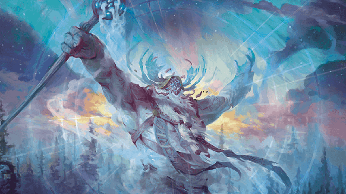 A blue-skinned man with a staff in his hand emits waves of blue energy into the air, arms outstretched in MtG.