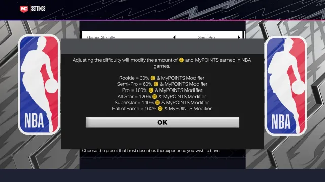 Message explaining how VC and MyPOINTS scale with MyCAREER difficulty modes in NBA 2K24