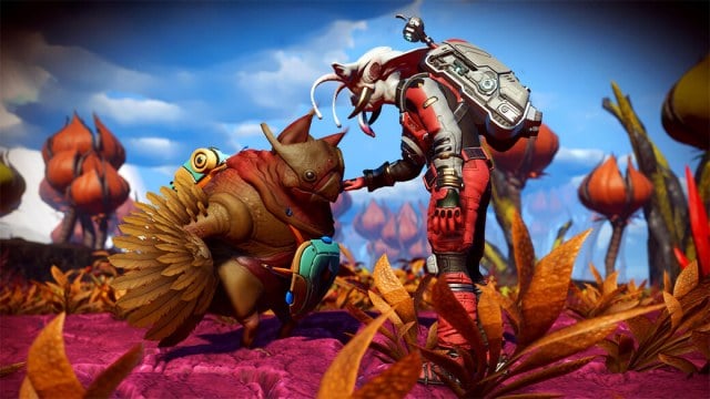 A screenshot from No Man's Sky featuring a character petting an alien creature.