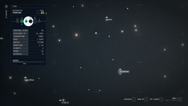 Image of the Star Map in Starfield, showing the location of the Porrima Star System.