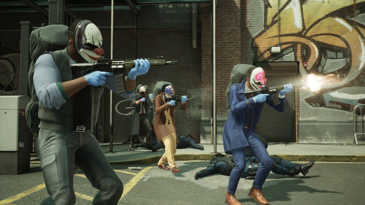 Four heisters dressed in suits and colorful clown masks leaving a bank with bags of cash on their backs and firing guns at someone offscreen.