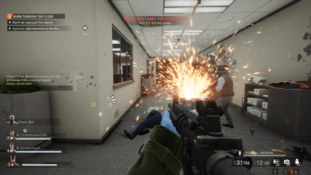 Displays thermite burning through the floor of a bank during a heist in Payday 3.