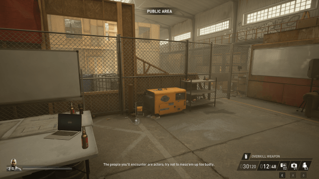 Displays a screenshot from the training in Payday 3 with high graphics settings.