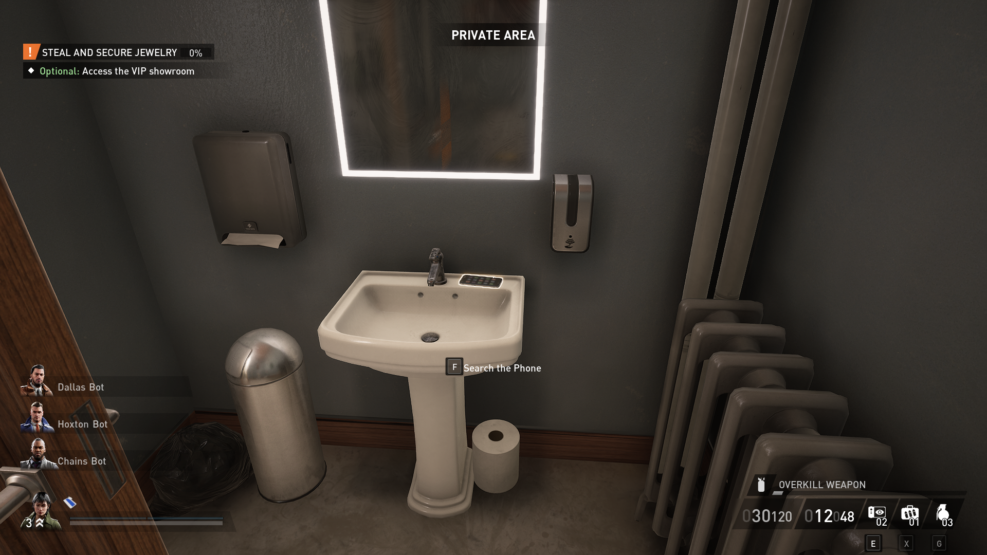 Displays the phone in the bathroom during Dirty Ice (Payday 3)