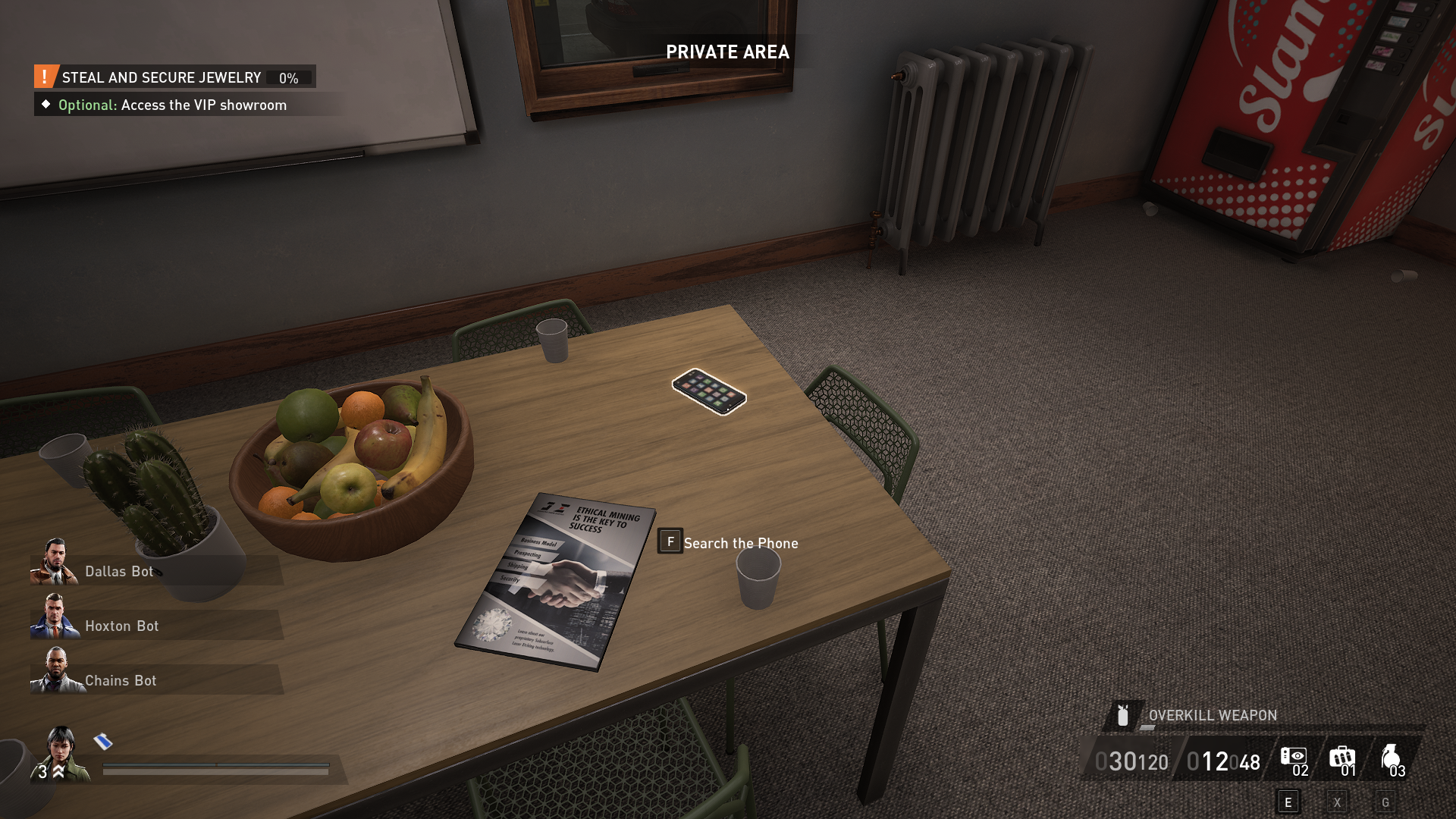 Displays the phone on the breakroom table during Dirty Ice (Payday 3)
