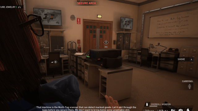 Displays the player's POV while taking the store manager hostage in the Workshop in Dirty Ice (Payday 3).