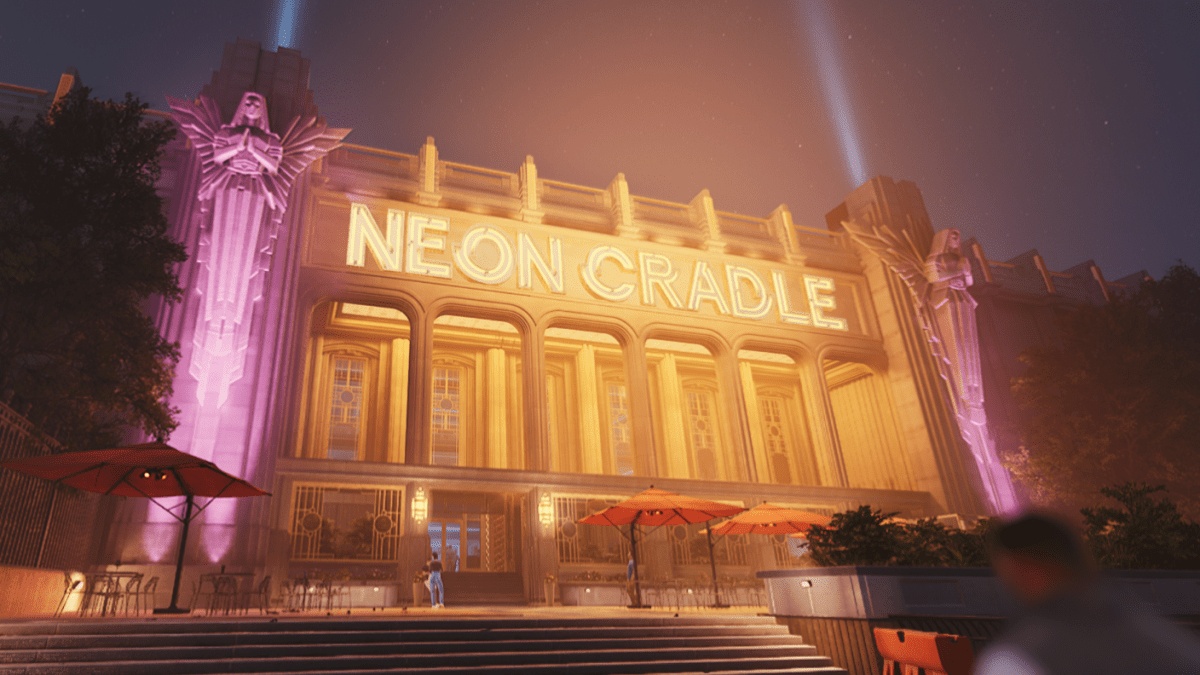 Displays the entrance to Neon Cradle, a nightclub in Payday 3.
