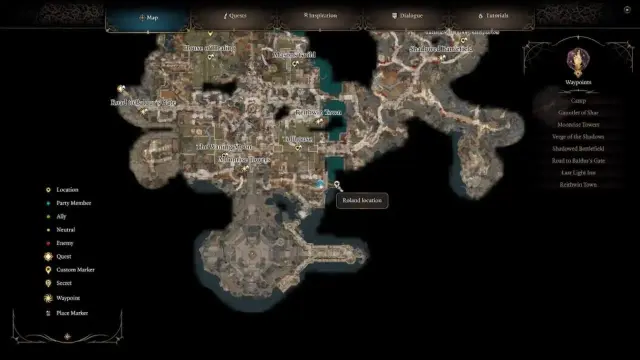 A screenshot of a map that is showing where to find Rolan in BG3.