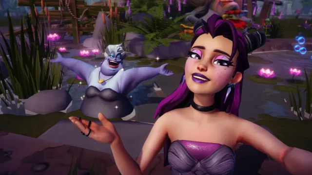 The player taking a selfie with Ursula in The Glade of Trust swamp.