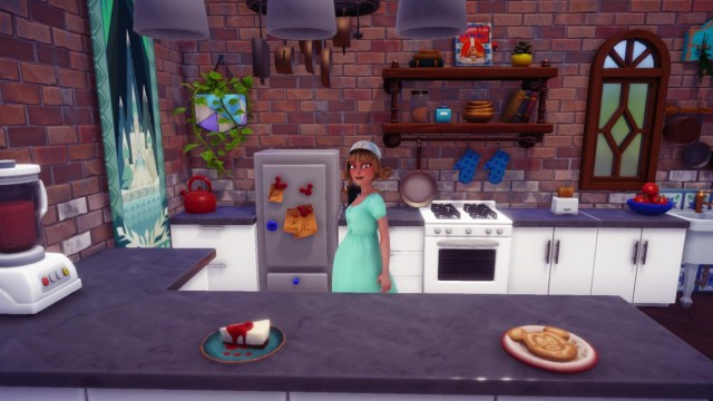 The player standing in a kitchen.
