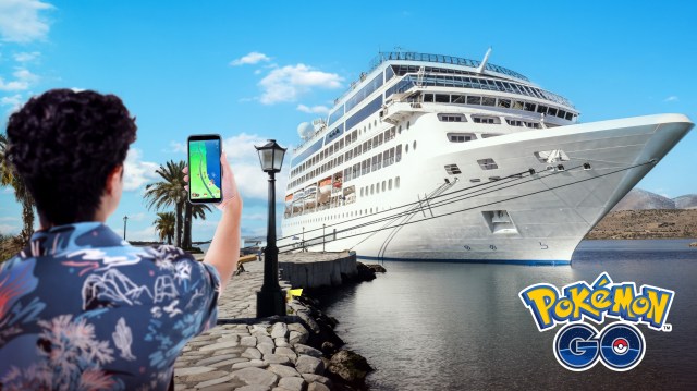 A Pokémon Go player playing on their phone near a cruise ship.