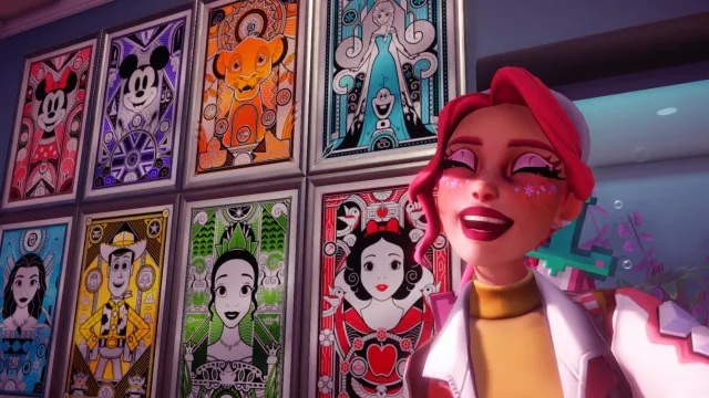 The player taking a selfie with some rainbow Disney posters.