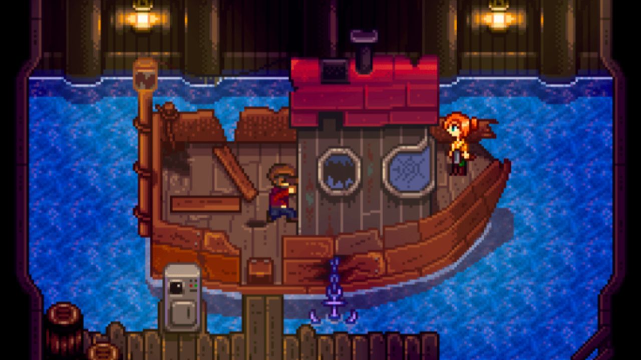 Two people working to fix Willy's boat in Stardew Valley