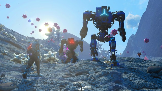 No Man's Sky image featuring the player character and two hostile sentinel robots. 