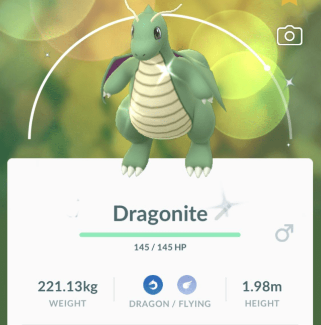 Shiny Dragonite in-game screen in Pokémon Go
