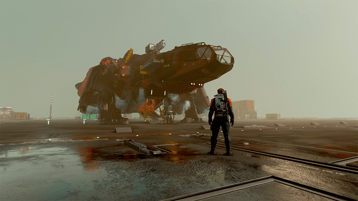 A ship sits on a rainy landing pad in Starfield.