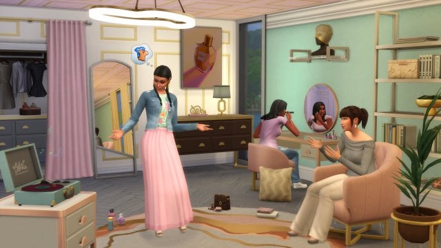 Three sims in a room furnished with new items from The Sims 4 Modern Luxe Kit.