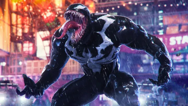 Venom yelling in a neon lit street in Spider-Man 2