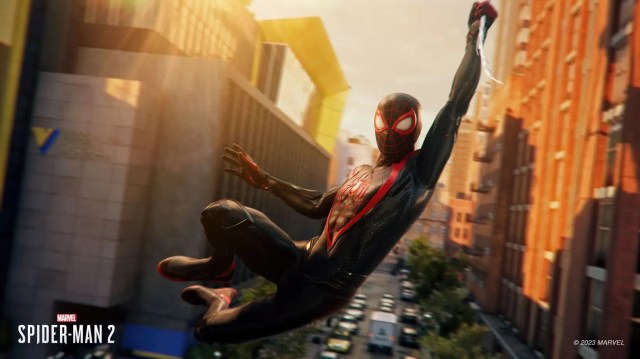 Miles Morales swings through NYC in Marvel's Spider-Man 2.